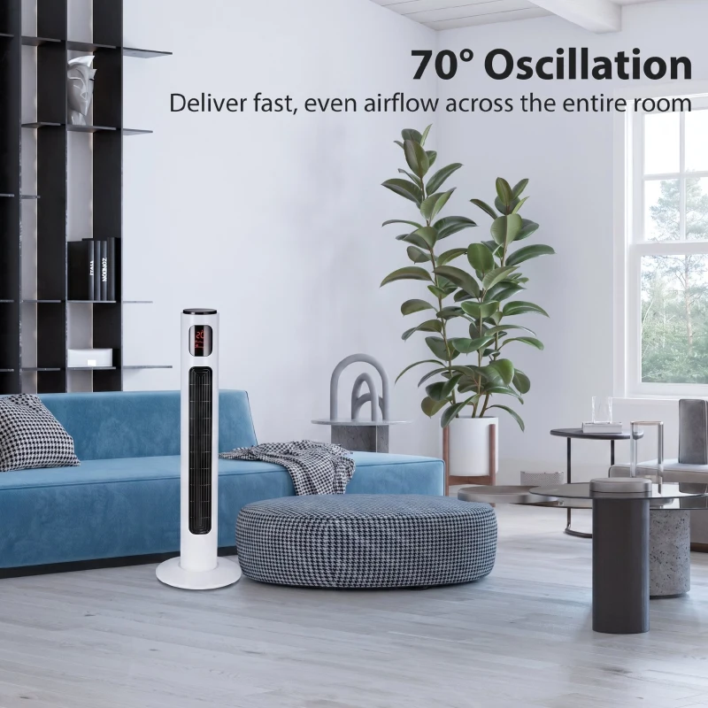 HOMCOM Turmventilator mit Fernbedienung, 96 cm Säulenventilator, 45 W Standventilator mit LED-Anzeige, 70° oszillierend, 3 Modi, Timer, 3 Geschwindigkeiten Weiß