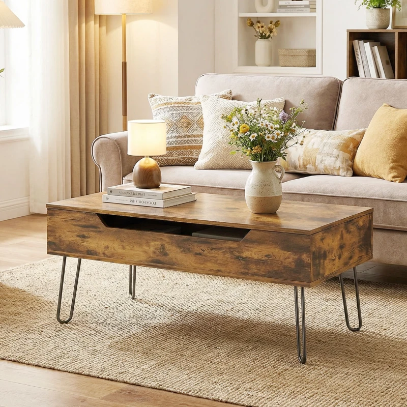 HOMCOM Table Basse Relevable en Bois avec Grand Rangement Caché, Hauteur Réglable, 95 x 50 x 40 cm, Marron Rustique