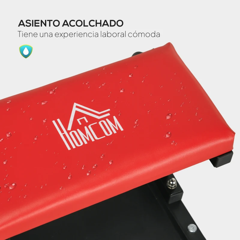 HOMCOM Taburete de Taller Móvil con Ruedas Bandeja para Herramientas y Estructura de Acero Carga 100 kg para Garaje Rojo