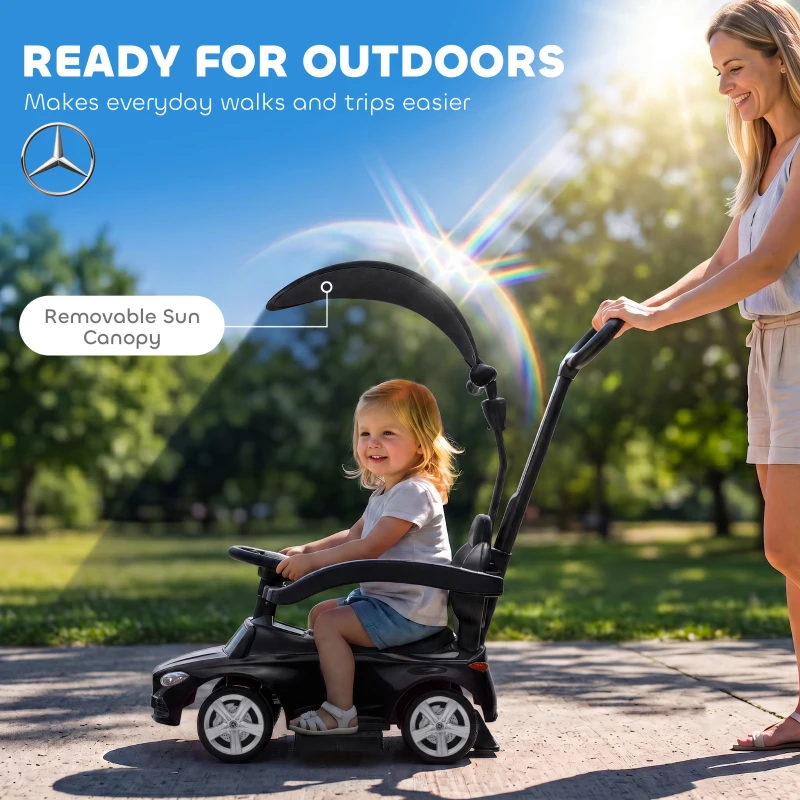 AIYAPLAY 3 in 1 Licensed Benz Ride on Push Car with Handle, Canopy, Guardrails, Horn, Music, Storage for 12-36 Months, Black