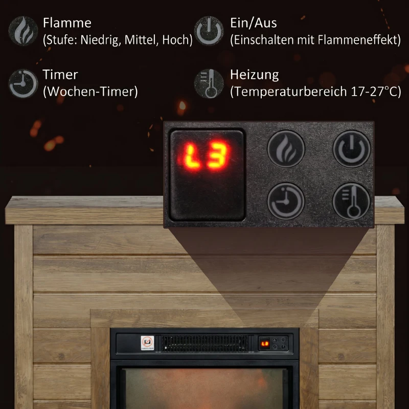 HOMCOM Elektro-Kamin, 3D-Flammeneffekt, 3 Einstellungen, Timer, Fernbedienung, Naturholz