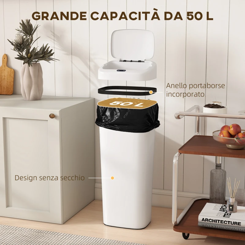 HOMCOM Pattumiera con Sensore a Infrarossi da 50L con 2 Modalità di Apertura, Superficie Anti-impronte, Bianco
