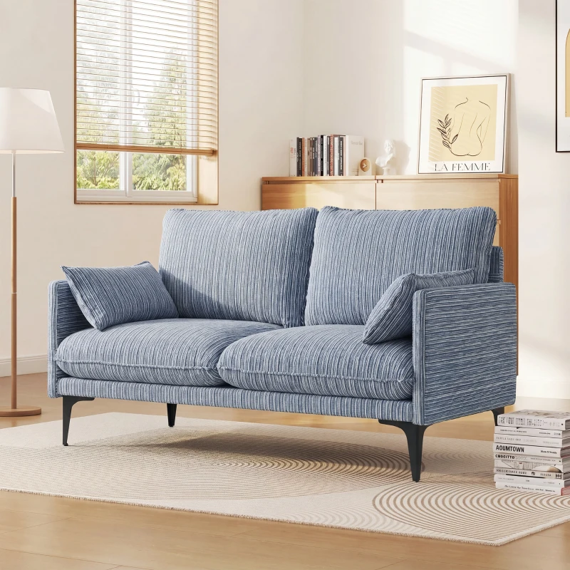 HOMCOM Divano 2 Posti in Tessuto con Braccioli, Imbottitura Spessa e 2 Cuscini, 131x78x83 cm, Blu