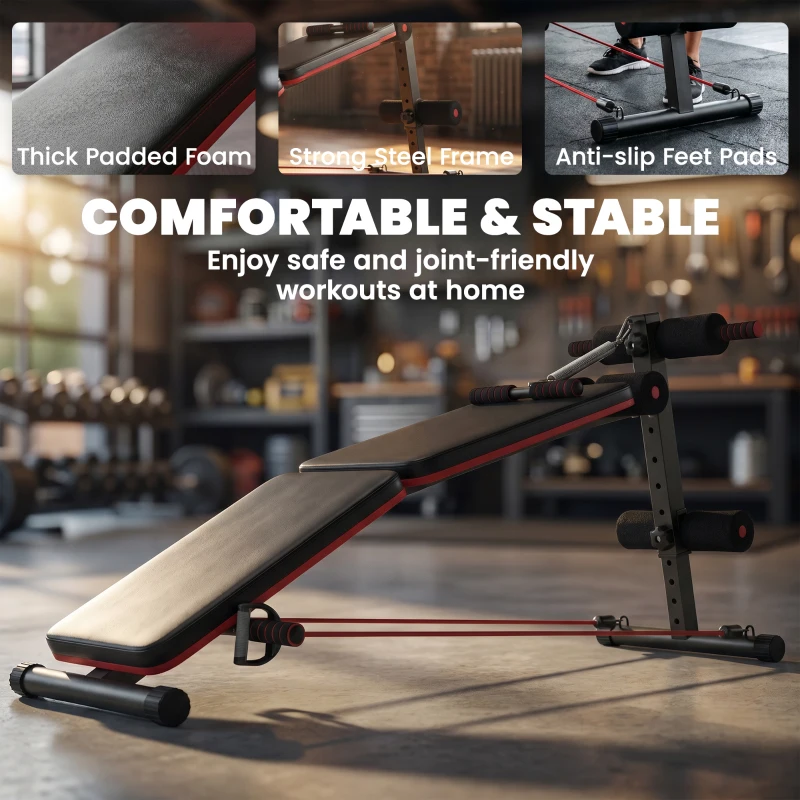 HOMCOM Foldable Sit Up Bench, Adjustable Abdominal Trainer with Resistance Bands, Padded Core Workout Bench for Home Gym Strength Training