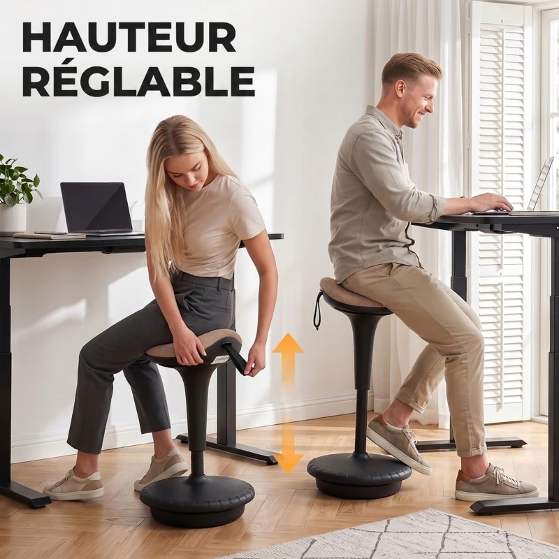 HOMCOM Tabouret dynamique, tabouret assis-debout ergonomique, hauteur réglable, rotatif à 360°, 34 x 34 x 68,5-83,5 cm, marron