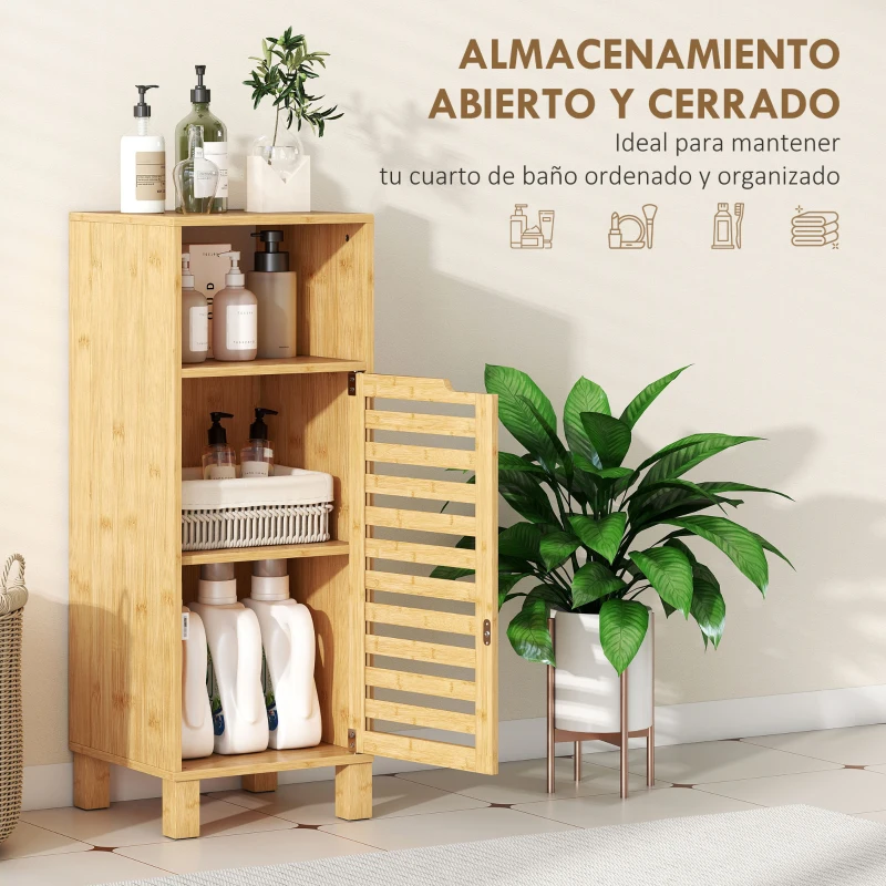 HOMCOM Mueble Auxiliar de Baño Estrecho con Puerta de Lamas Balda Abierto Estante Ajustable 30x30x80 cm Natural