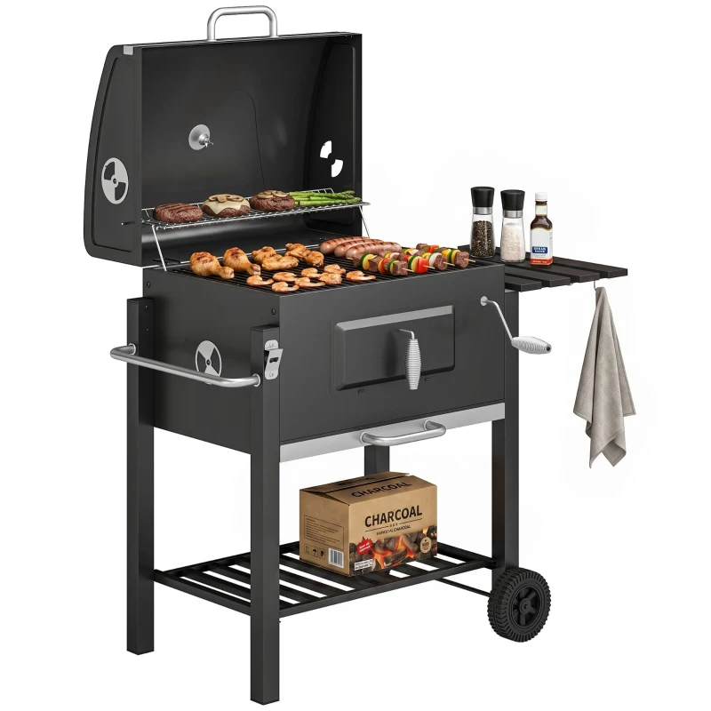 Outsunny Holzkohlegrill Smoker BBQ-Smoker, 1 Ablage, 1 Handtuchhalter, 2 Grillroste, 113 cm x 65 cm x 108 cm, Schwarz