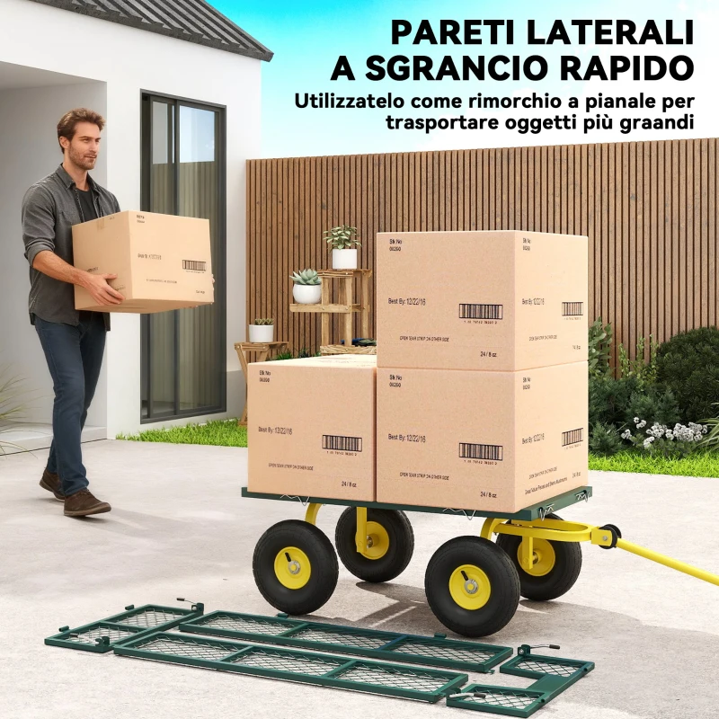 Outsunny Carrello da Giardino in Acciaio con Capacità 200 kg e Pareti Laterali Rimovibili, 104x54x51 cm, Verde e Giallo