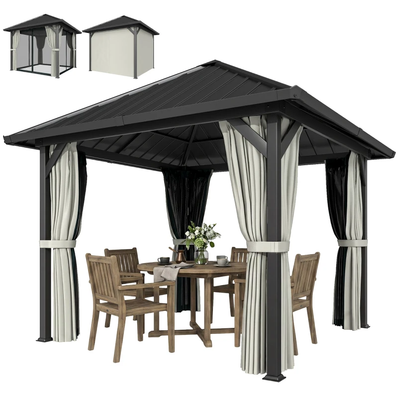 Outsunny 3 x 3(m) Hardtop Gazebo with Galvanised Steel Roof and Water Gutter, Waterproof Permanent Pavilion Garden Gazebo with Netting and Curtains for Patio, Deck, Black