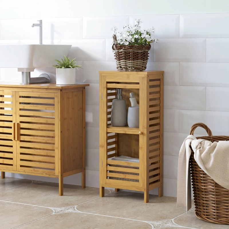 kleankin Dulap de Baie din Bambus cu Raft Interior Reglabil, 30x19,9x70 cm, Culoare Lemn