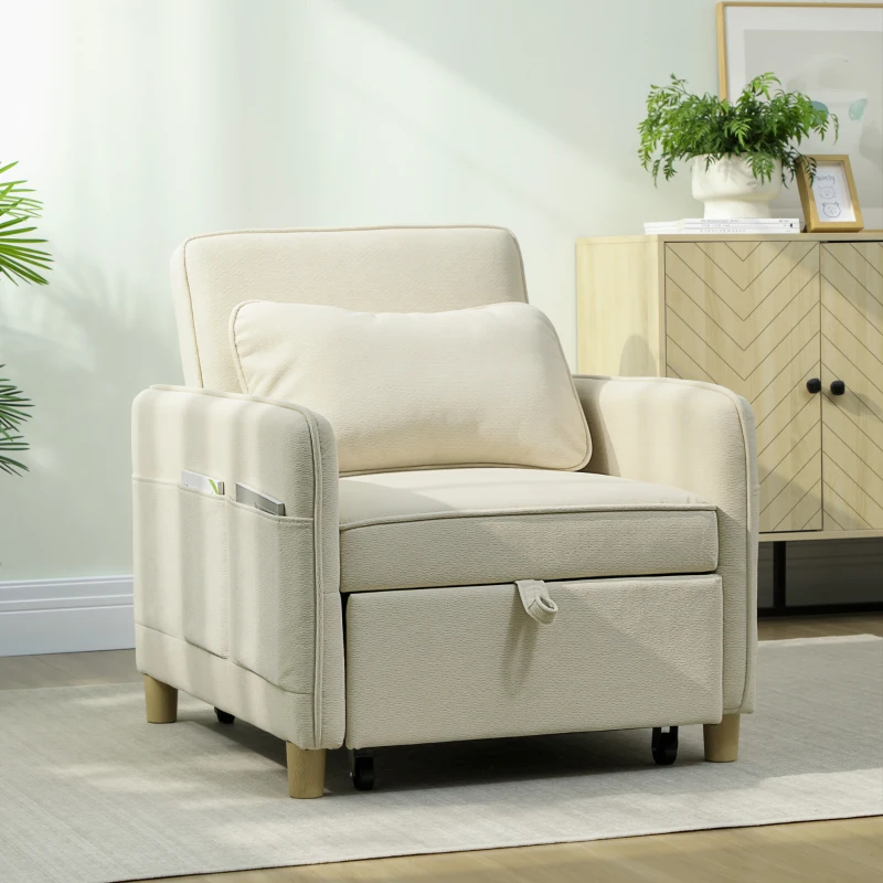 HOMCOM Sillón Cama Individual 3 en 1 Sofá Cama Plegable con Respaldo Ajustable y Cojín para Salón 74x85,5x82 cm Beige