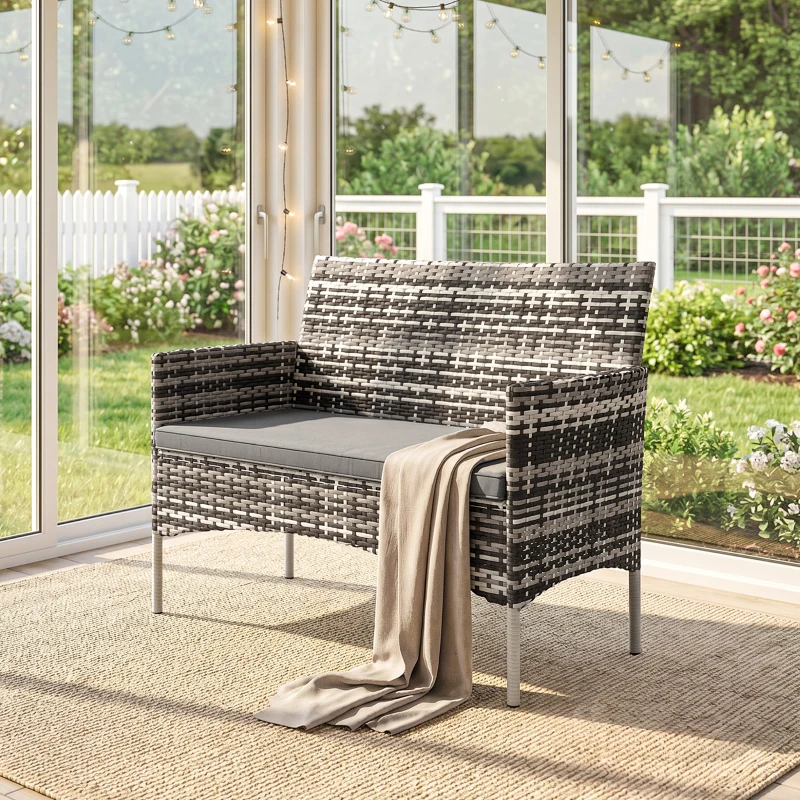 Outsunny Canapé de jardin 2 places en résine tressée avec coussins canapé d'extérieur avec accoudoirs 115 x 63 x 85 cm gris clair