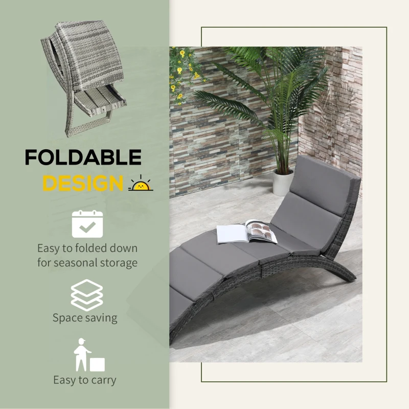 Outsunny Folding Sun Lounger, PE Rattan Garden Lounger Chair with Soft Padded Cushion, Ergonomic Curved Design Sun Bed for Balcony, Garden, Grey