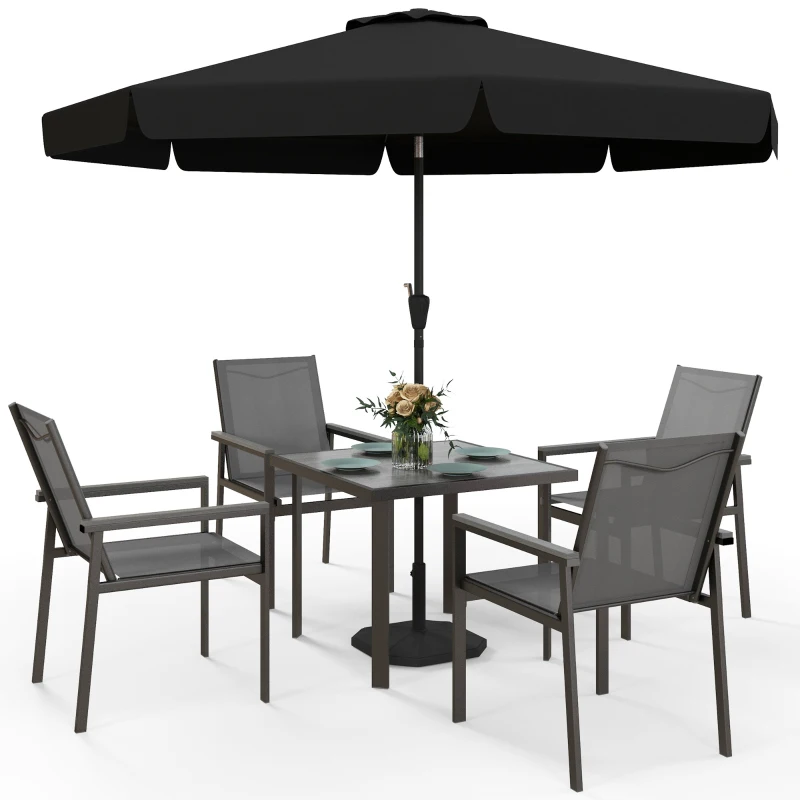 Outsunny Salon de jardin 5 pièces avec 1 table à manger et 4 chaises - plateau en verre trempé avec trou pour parasol gris