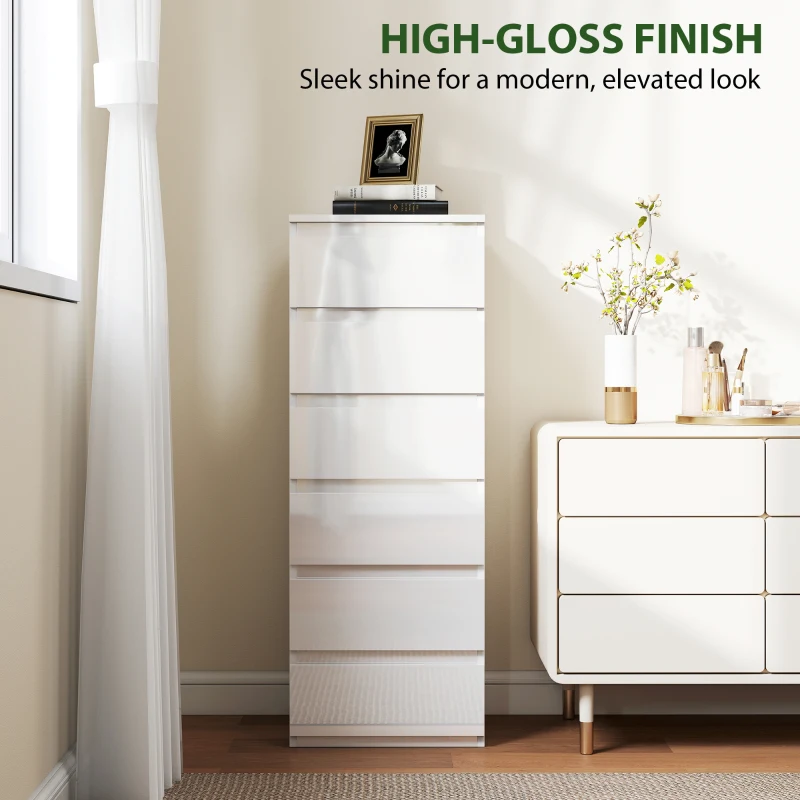 HOMCOM Chest of Drawers High Gloss Finish 6 Drawer Dresser Space Saving Slim Design Handle Free Drawers High-Gloss White