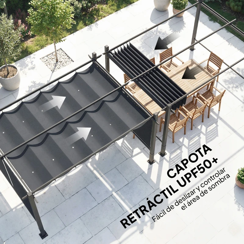 Outsunny Pérgola de Jardín 4x3 m con Cortinas Enrollables Automáticas y Techo Retráctil Cenador de Jardín con UPF50+ Gris Oscuro