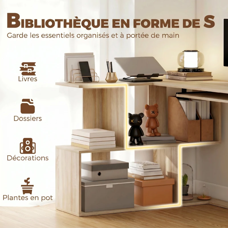 HOMCOM Bureau d'Angle, 120 x 100 x 76 cm, Bureau Informatique en L avec Plateau de Clavier, 4 Compartiments Ouverts, Naturel