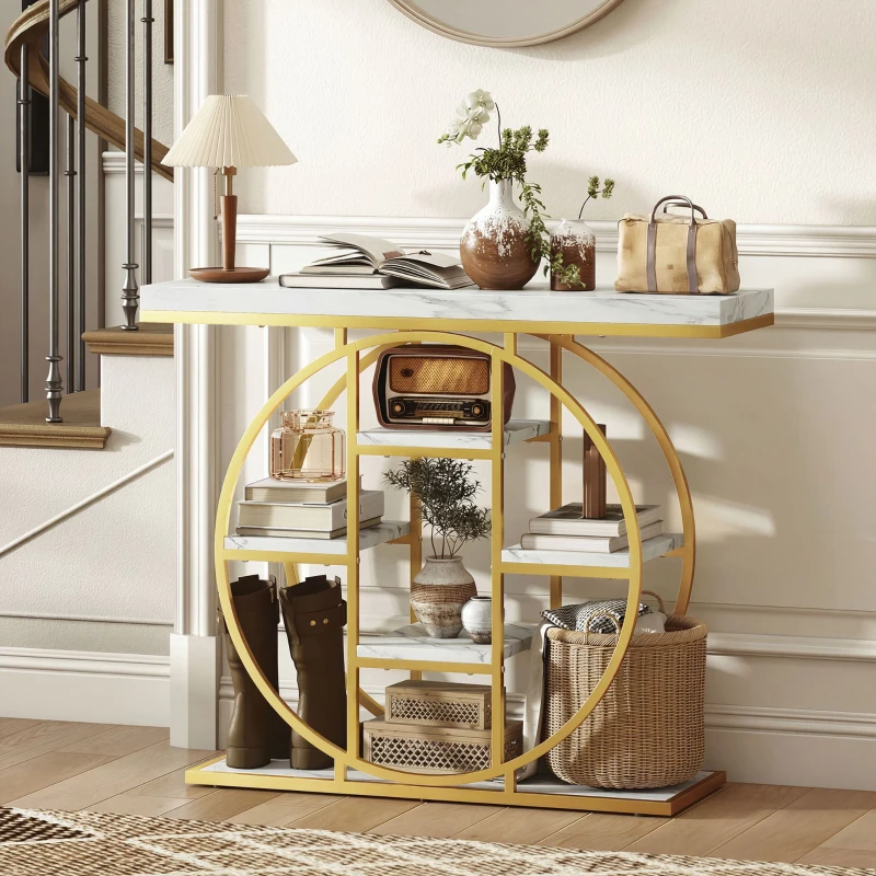 HOMCOM Masă consolă pentru hol Mobilier de intrare industrial 6 rafturi depozitare blat 4cm 100 x 30 x 81,5cm Alb