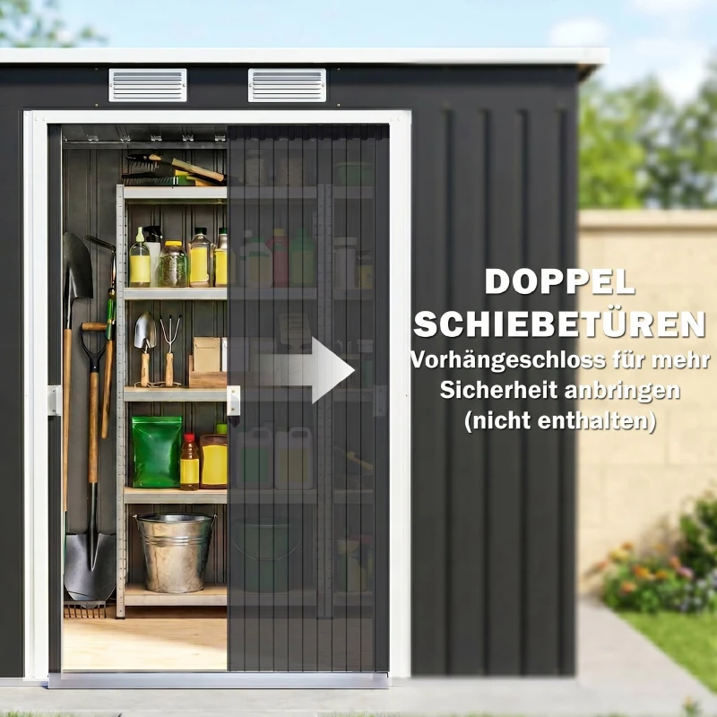 Outsunny Geräteschuppen, mit Lüftungsfenstern, Schiebetüren, verzinkter Stahl, 213 x 130 x 172 cm, Dunkelgrau