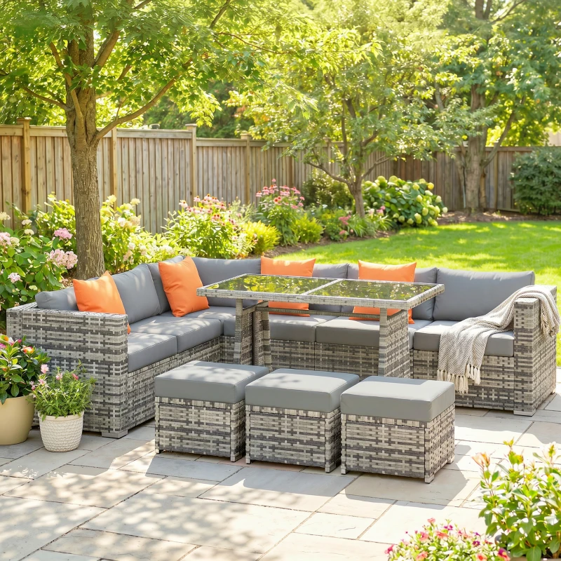 Outsunny 10 Piece Rattan Garden Furniture Set, 3 Corner Sofas with 3 Chairs, 3 Stools and Coffee Table, Outdoor Patio Furniture