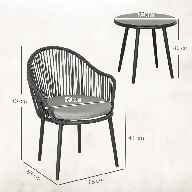 Outsunny Ensemble de jardin salon de jardin en résine tressée cadre en acier 2 fauteuils + 1 table basse coussins inclus gris