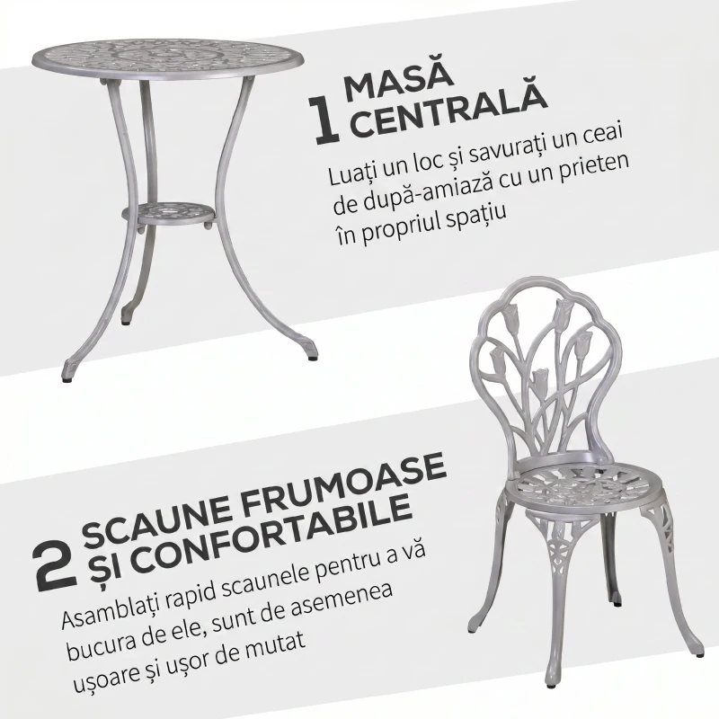 Outsunny Set de Grădină 3 Piese din Aluminiu cu 2 Scaune 42,5x47,5x89 cm și Masă Rotundă Ø60x67 cm, Alb