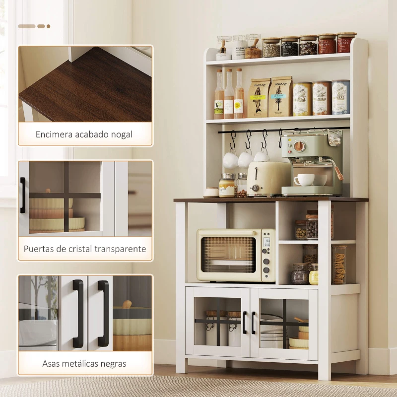 HOMCOM Alacena de Cocina con 6 Ganchos para Tazas 2 Puertas de Vidrio Estantes Abiertos 80x40x152 cm Blanco