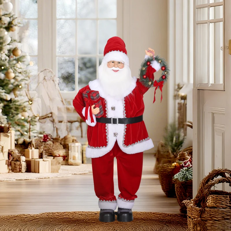 HOMCOM Weihnachtsmann, Weihnachts-Dekoration, 120 cm, biegsame Arme, mit Geschenk & Weihnachtskranz, Geräuschaktivierung, Rot(m-10)