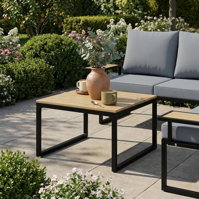 Outsunny 4 Seater Metal Garden Furniture Set, Corner Garden Sofa Set with 2 Loveseats, 2 Nesting Tables, Arm Side Trays, Teak