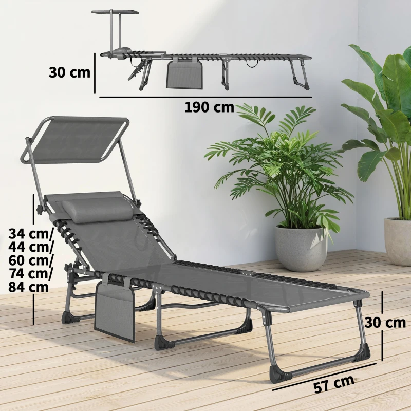 Outsunny Set de 2 Tumbonas Plegables con Reposacabezas Parasol Bolsillo Lateral y Respaldo Reclinable en 5 Posiciones Gris