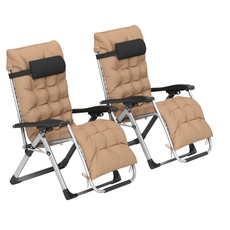 Outsunny 2 Piece Reclining Zero Gravity Sun Loungers with Cushions, Khaki