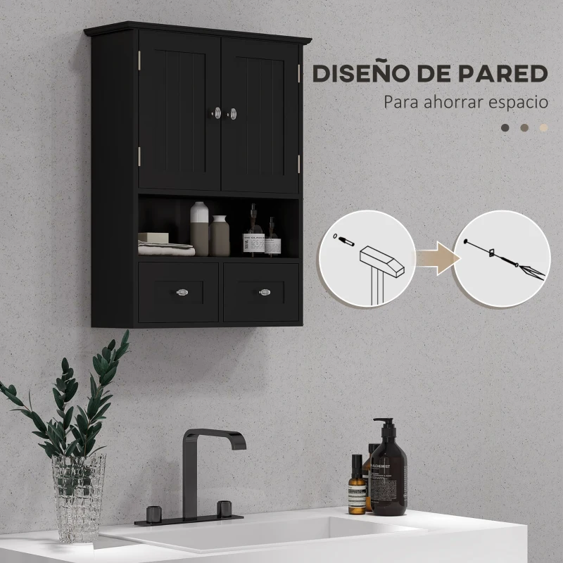 kleankin Armario de Baño de Pared Armario Colgante Mueble Suspendido de Baño con 2 Puertas y 2 Cajones 50,8x17,8x66 cm Negro