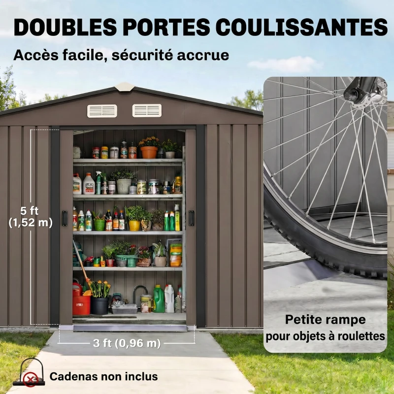 Outsunny Abri de jardin 5,4 m² 2,77 x 1,95 x 1,92 m kit de fondation porte coulissante ventilations acier galvanisé, marron