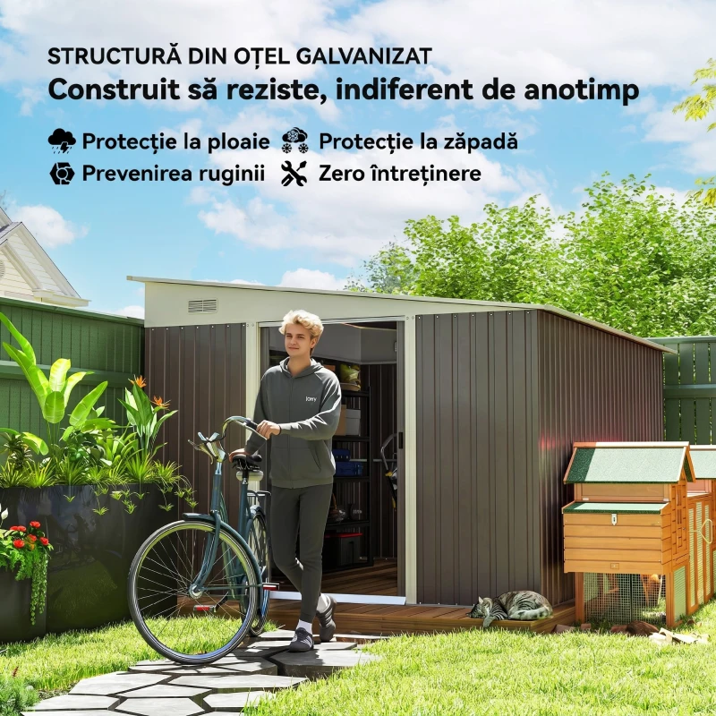 Outsunny Magazie de Grădină cu Ușă Glisantă, din Oțel, 345x280,5x169-201cm, Gri