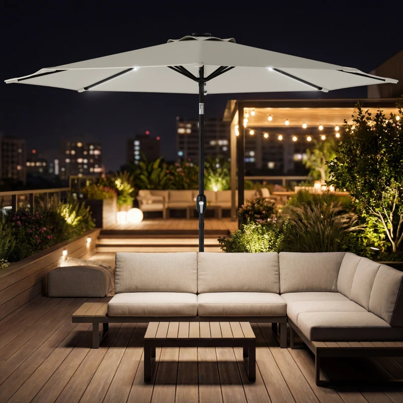 Outsunny 2.6 m Garden Parasol Umbrella with LED Solar Light, Parasol Cover, Outdoor Market Patio Umbrella, Light Grey