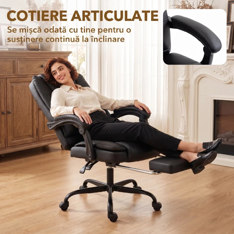 HOMCOM Scaun Birou Ergonomic Reclinabil Rotativ din Piele PU cu Suport pentru Picioare, Înălțime Reglabilă, Negru