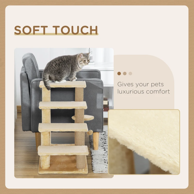 PawHut 4-step Pet Stairs with Scratching Posts, Platforms, Toy Ball, Beige