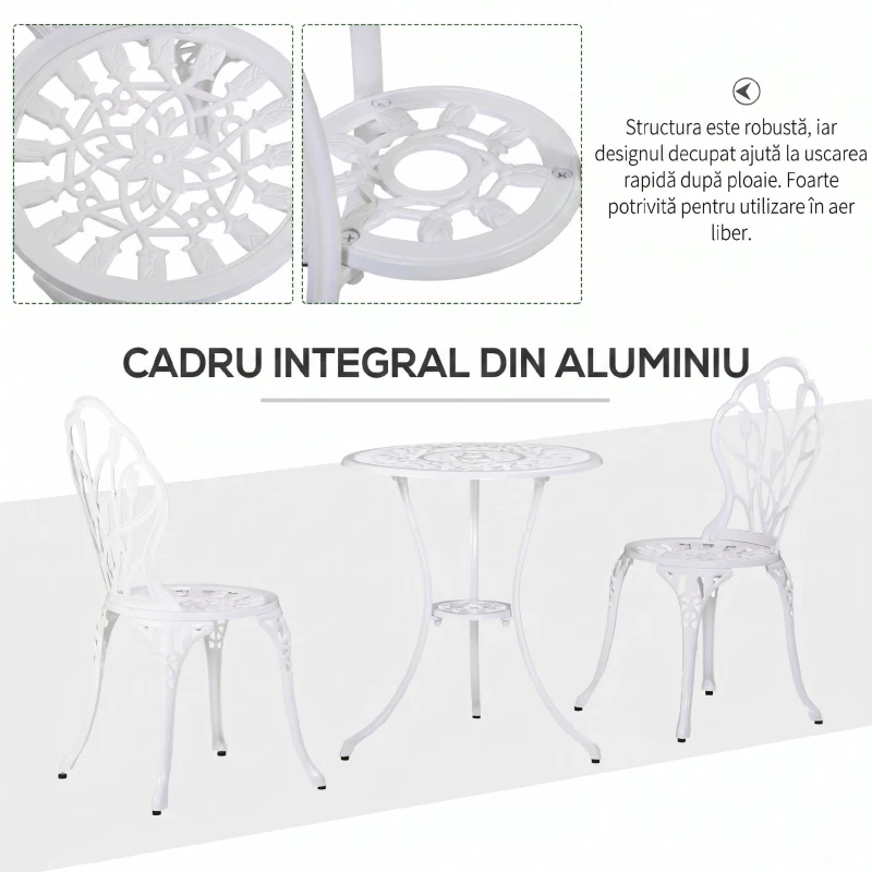 Outsunny Set de Grădină 3 Piese din Aluminiu cu 2 Scaune 42,5x47,5x89 cm și Masă Rotundă Ø60x67 cm, Alb