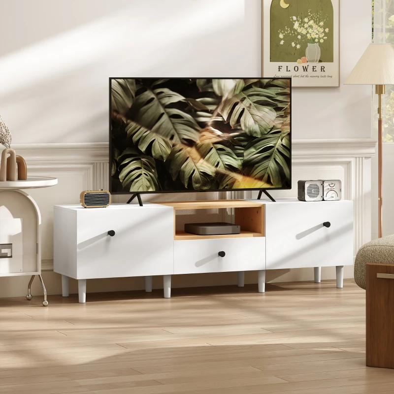 HOMCOM Mobil TV 70" max cu 2 uși rabatabile, sertar și raft deschis, din lemn, 150x35x45 cm, alb și culoare lemn