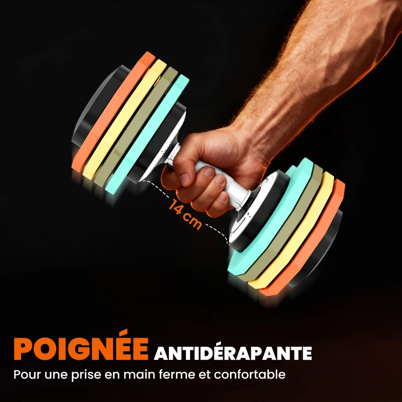 SPORTNOW Haltère réglable 5 à 25 kg avec base de rangement 5 niveaux de poids, poignée antidérapante disques d'haltères octogones