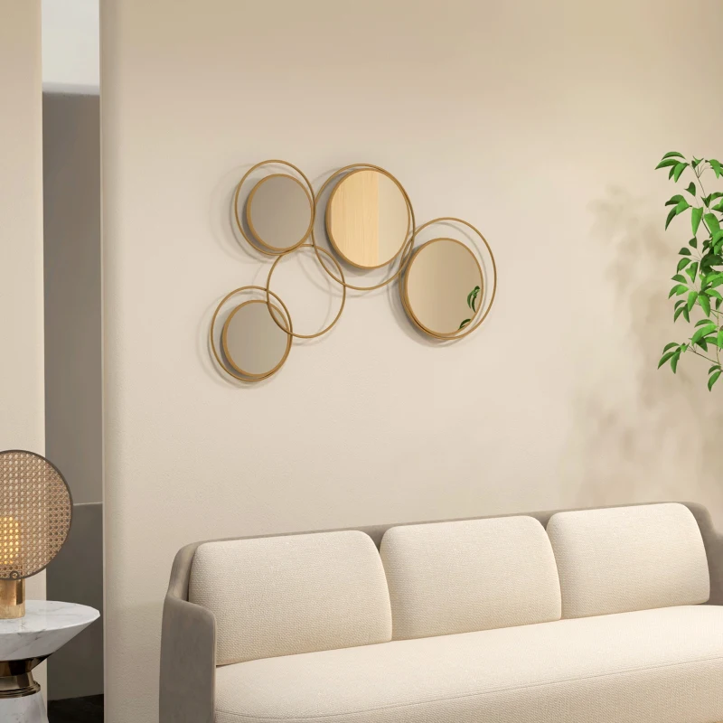 HOMCOM Espelho Decorativo de Parede em Metal 3D Decoração de Parede Metálica com 4 Espelhos Redondos para Corredor 110x68 cm Dourado