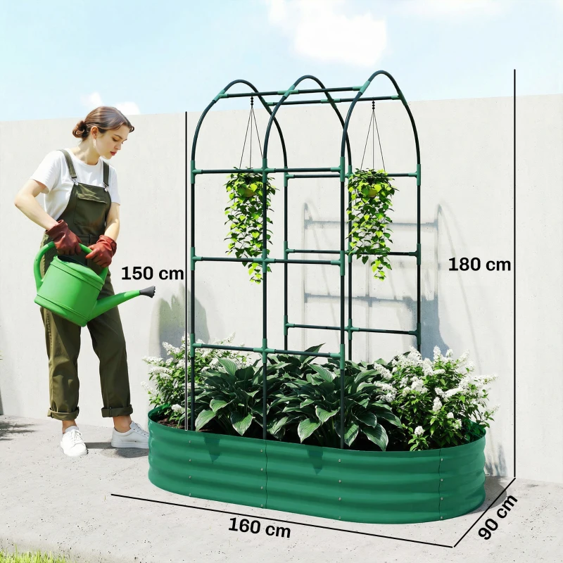 Outsunny Galvanised Raised Garden Bed with Arched Trellis, 5 x 3 x 6ft Metal Raised Bed for Garden with Open Bottom, Green