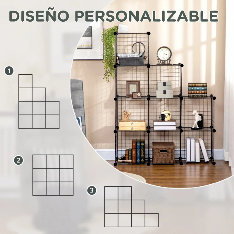 HOMCOM Estantería Modular 9 Cubos Estantería Apilable de Alambre DIY Organizador de Almacenamiento Multiuso para Salón Negro