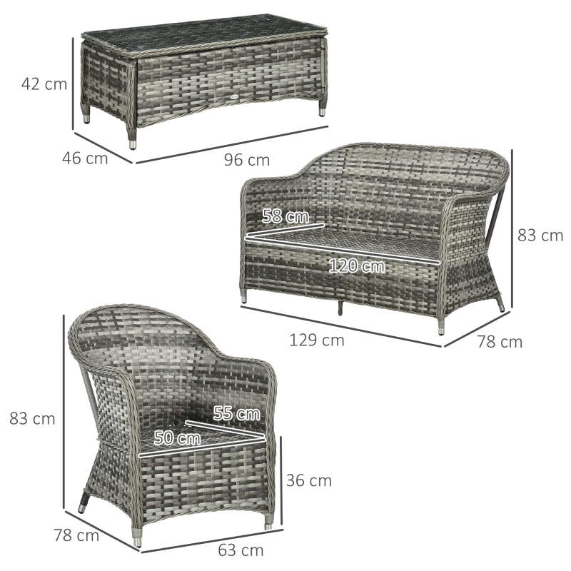 Outsunny 4 Pieces Outdoor PE Rattan Garden Furniture Set with Cushions - Patio Special Hand Weave Wicker Conservatory Sofa Set and Glass Top Coffee Table, Mixed Grey