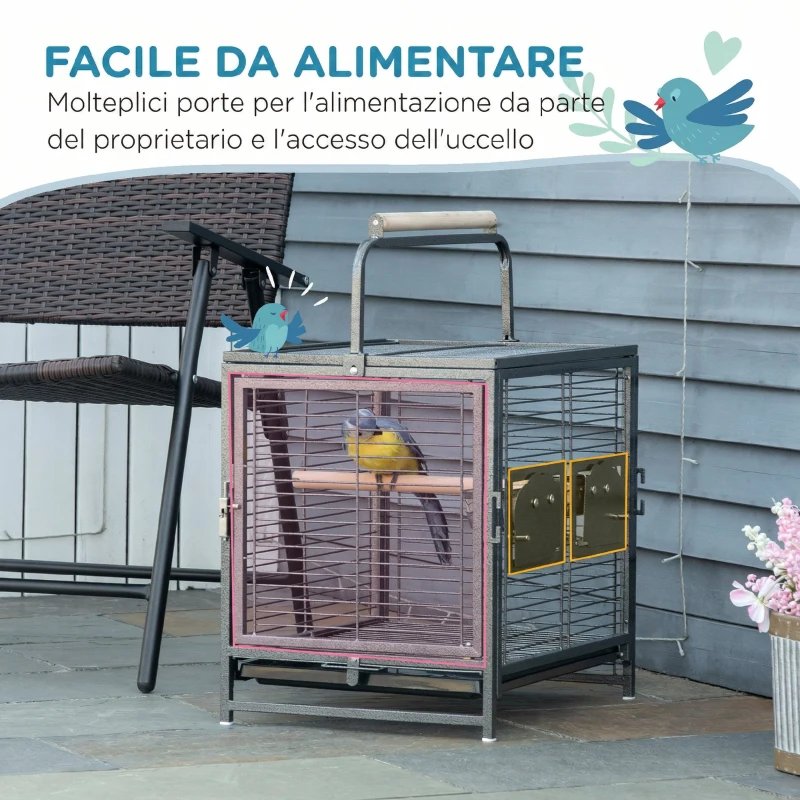 PawHut Gabbia per Pappagalli con Vassoio rimovibile, Ciotole in Acciaio Inox e 2 Posatoi, 48x38x65cm Nero
