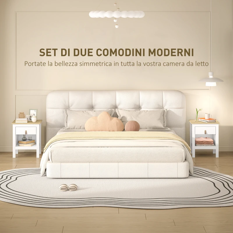 HOMCOM Set 2 Comodini con Cassetto e Ripiano Aperto in Legno, 45x40x55 cm, Bianco e Rovere