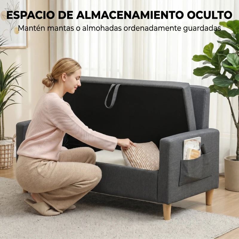 HOMCOM Sofá de 2 Plazas Tapizado en Lino Sintético con Espacio de Almacenaje 2 Almohadas y Patas de Madera 135x71x84 cm Gris