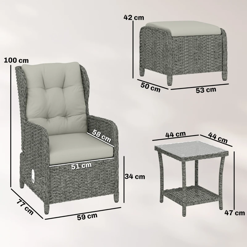 Outsunny 5 Piece Garden Furniture Set, Rattan Reclining Garden Chair Set of 2 with Footstool and Cushion for Balcony, Cream