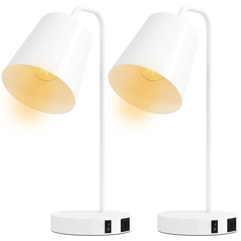 HOMCOM Set de 2 Veioze Moderne din Oțel cu Porturi USB, Soclu E27, Bec Neinclus, Alb