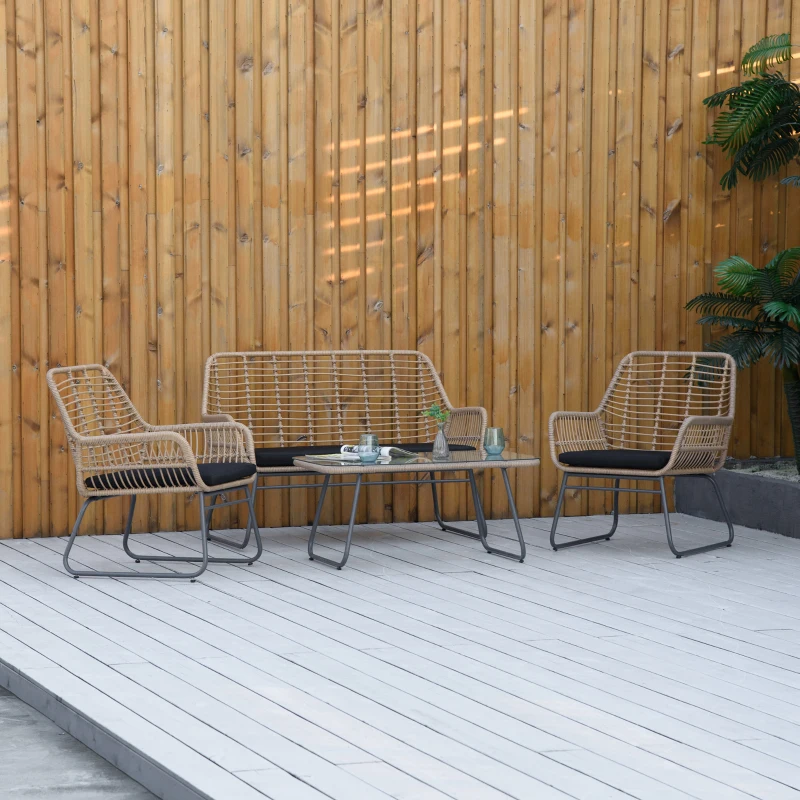 Outsunny Set Mobili da Giardino Stile Boho in Rattan PE con 2 Poltrone, Divanetto e Tavolino